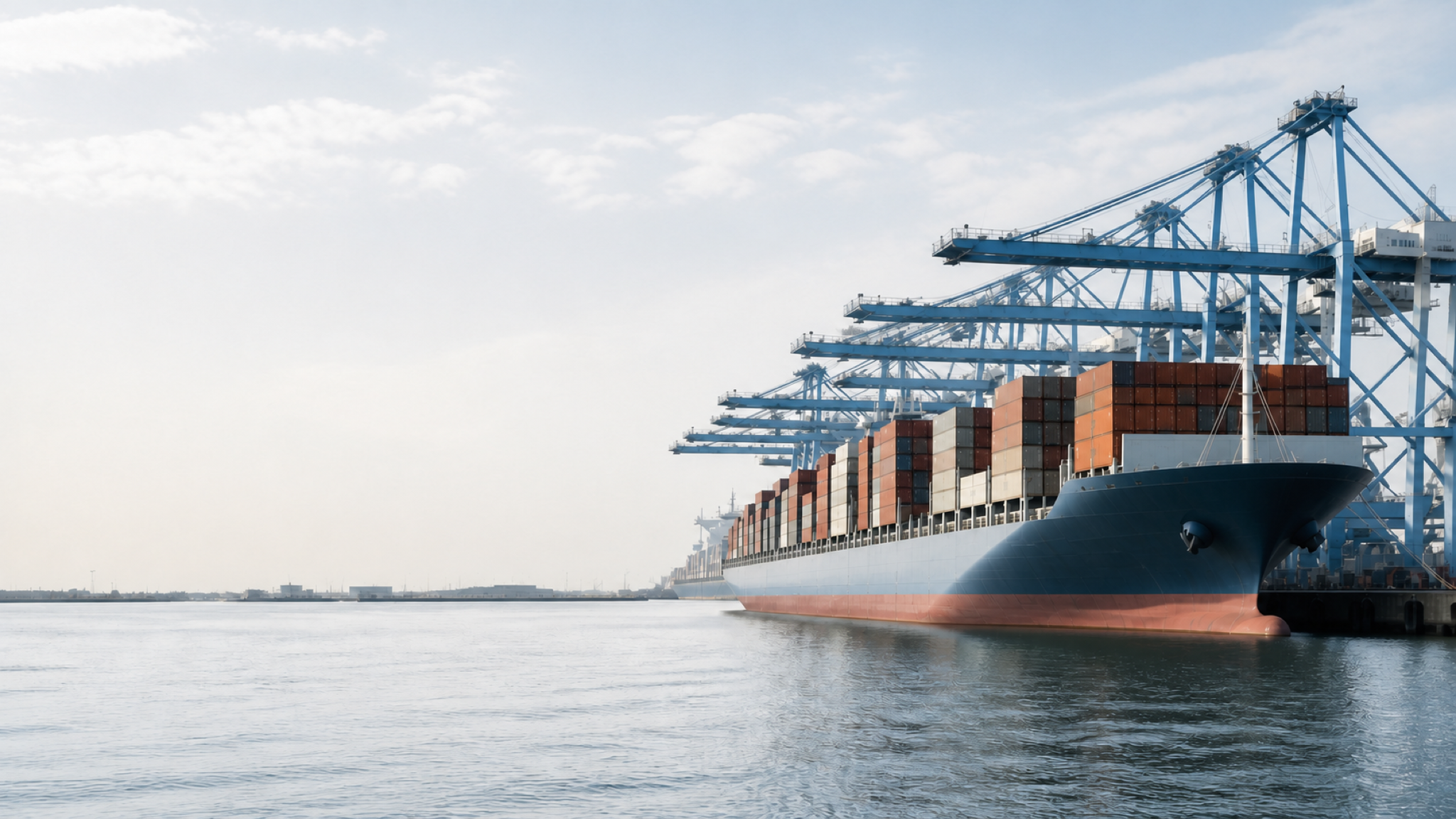 Container ship beside cranes at a European freight terminal